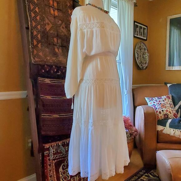 Vintage circa 1978 Bohemian Crochet Panels and Woven Cotton blend Midi Dress SzS - Picture 5 of 11